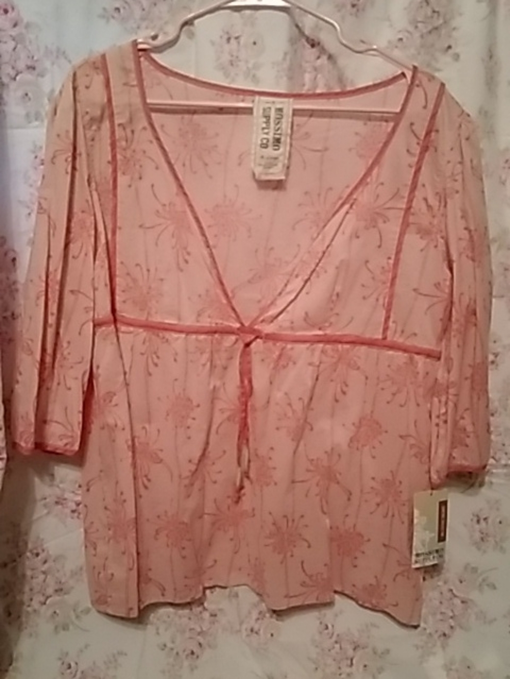 Sheer Coral/Pink Floral Tie-Front Blouse
